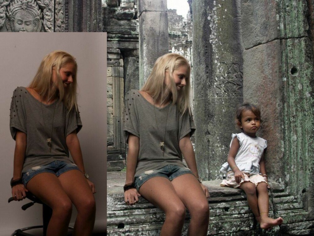 FALSKT: Ved hjelp av Photoshop og litt kreativ manipulering lurte studenten Zilla van den Born hele familien til å tro hun var på reise Asia. Her har hun manipulert seg selv inn i et bilde fra et tempel i Kambodsja. FALSKT: Ved hjelp av Photoshop og litt kreativ manipulering lurte studenten Zilla van den Born hele familien til å tro hun var på reise Asia. Her har hun manipulert seg selv inn i et bilde fra et tempel i Kambodsja.