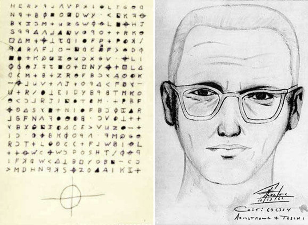 ZODIAC-MORDEREN: Fantomtegning av Zodiac-morderen fra 1969, sammen med et av kryptogrammene han laget. ZODIAC-MORDEREN: Fantomtegning av Zodiac-morderen fra 1969, sammen med et av kryptogrammene han laget.