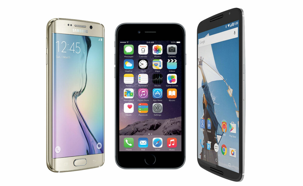 HELT I TOPPEN: Samsung Galaxy S6 Edge, Apple iPhone 6 og Motorolas Google-flaggskip Nexus 6 er alle svært gode mobiler. Men bare én kan bli best i test. HELT I TOPPEN: Samsung Galaxy S6 Edge, Apple iPhone 6 og Motorolas Google-flaggskip Nexus 6 er alle svært gode mobiler. Men bare én kan bli best i test.