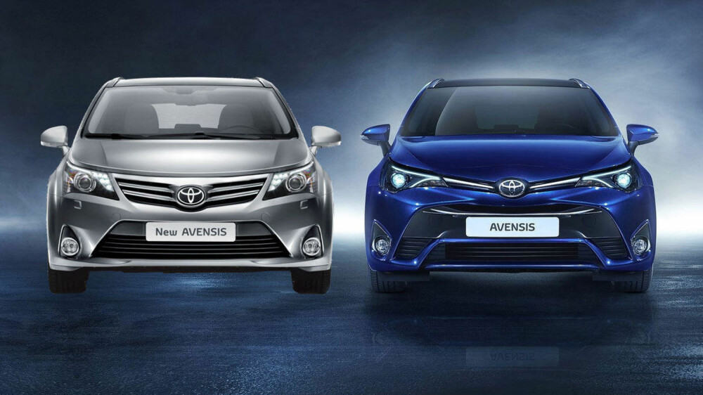 Utgående Avensis til venstre, ny Avensis til høyre. Utgående Avensis til venstre, ny Avensis til høyre.