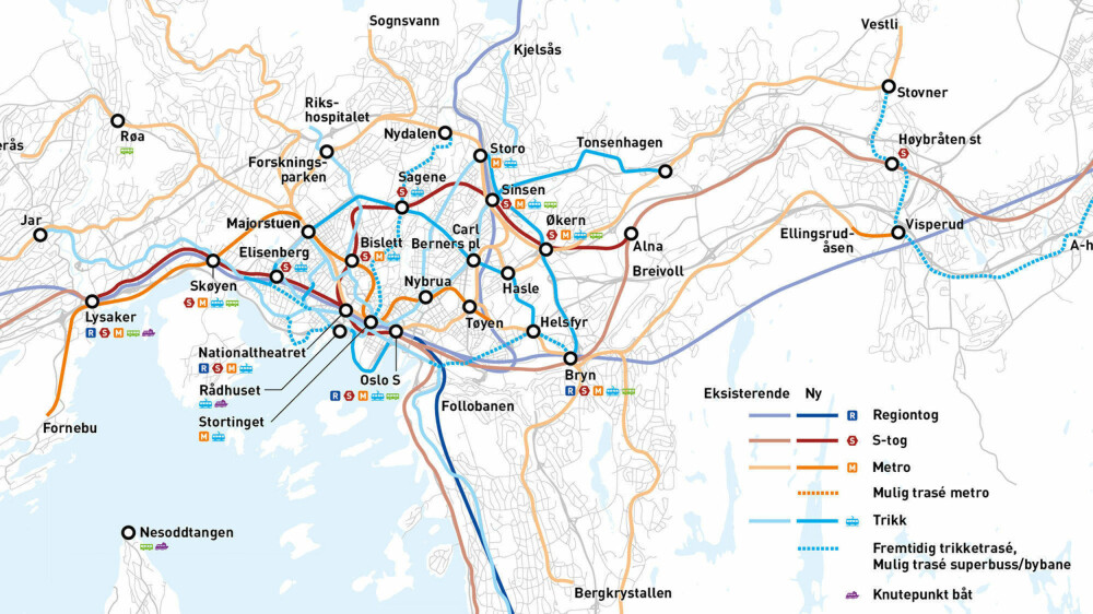 De største endringene i forslaget som legges frem er en ny T-banetunnel mellom Marjorstuen og Bryn, T-bane til Fornebu, trikk langs Ring 2 og Trondheimsveien - og opprettelsen av flere "knutepunkter" med høy frekvens. De største endringene i forslaget som legges frem er en ny T-banetunnel mellom Marjorstuen og Bryn, T-bane til Fornebu, trikk langs Ring 2 og Trondheimsveien - og opprettelsen av flere "knutepunkter" med høy frekvens.