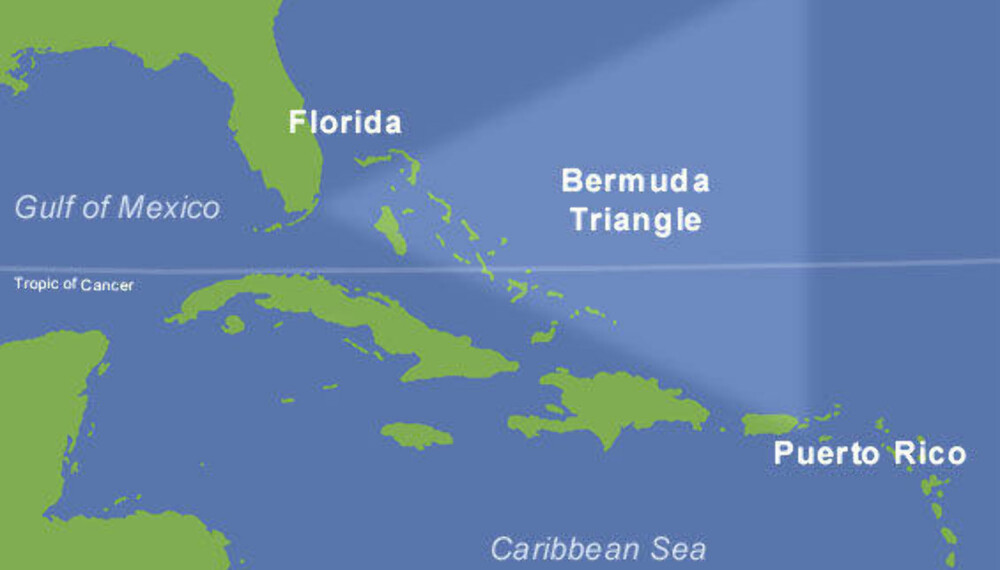 Bermudatriangelet er et 2,5 millioner kvadratkilometer digert havområde som strekker seg mellom Bermuda, Puerto Rico og Floridas sydligste spiss nord i Atlanteren. Bermudatriangelet er et 2,5 millioner kvadratkilometer digert havområde som strekker seg mellom Bermuda, Puerto Rico og Floridas sydligste spiss nord i Atlanteren.