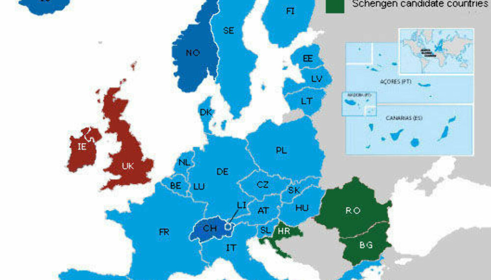 Schengen-området: I utgangspunktet er det full bevegelsesfrihet mellom de blå landene, med et felles visumsystem. Schengen-området: I utgangspunktet er det full bevegelsesfrihet mellom de blå landene, med et felles visumsystem.