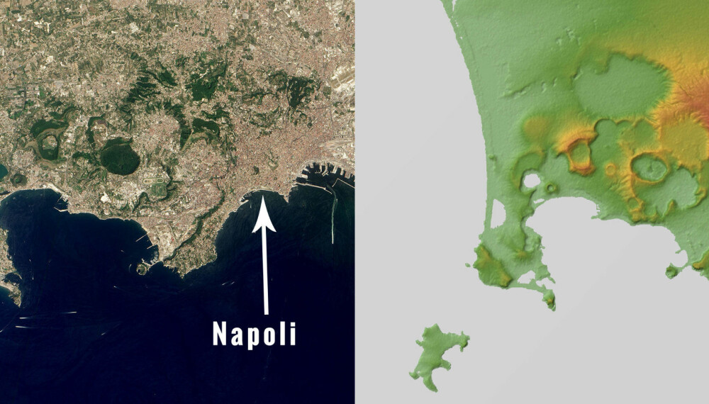 LEVER FARLIG: På bildet til venstre har vi merket av byen Napoli. Kartet til høyre viser supervulkanens utstrekning. LEVER FARLIG: På bildet til venstre har vi merket av byen Napoli. Kartet til høyre viser supervulkanens utstrekning.