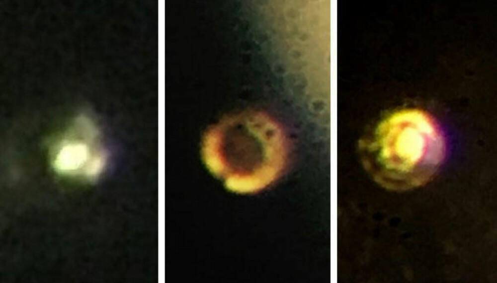 Mikroskop-bilder som viser hvordan hydrogenet utvikler seg fra flytende hydrogen (200 GPa trykk), til "svart" hydrogen - og til slutt metallisk hydrogen ved ca 495 GPa trykk. Mikroskop-bilder som viser hvordan hydrogenet utvikler seg fra flytende hydrogen (200 GPa trykk), til "svart" hydrogen - og til slutt metallisk hydrogen ved ca 495 GPa trykk.