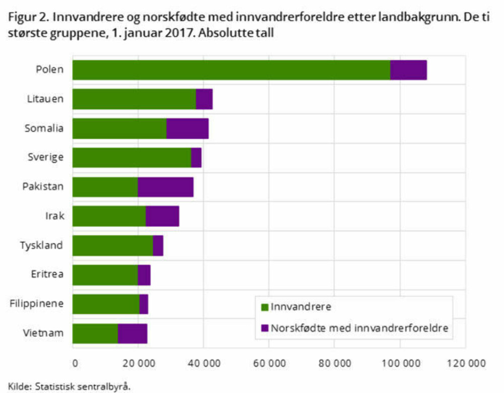 Polen er det landet hvor klart flest innvandrere kommer fra, mens Pakistanske og Somalske innvandrere er størst i andre generasjon. Polen er det landet hvor klart flest innvandrere kommer fra, mens Pakistanske og Somalske innvandrere er størst i andre generasjon.