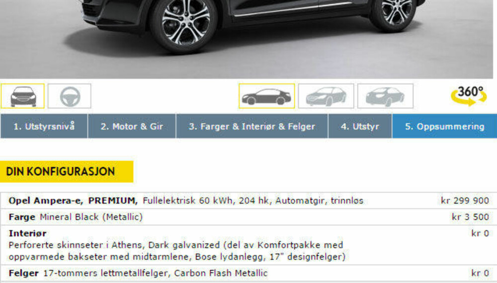 MAKSPRIS: Her har vi valgt alt tilgjengelig ekstrautstyr pluss en lakkoppgradering til metallic. Da ender prisen på 333.200 kroner. MAKSPRIS: Her har vi valgt alt tilgjengelig ekstrautstyr pluss en lakkoppgradering til metallic. Da ender prisen på 333.200 kroner.