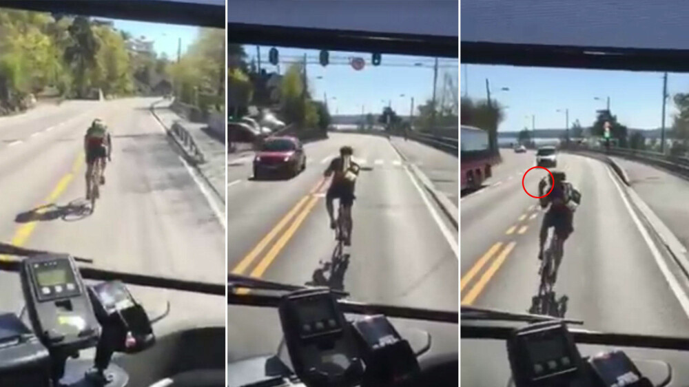 Syklisten ligger foran bussen på E18 og sperrer og viser fingeren - mens passasjerene fortviler. Syklisten ligger foran bussen på E18 og sperrer og viser fingeren - mens passasjerene fortviler.