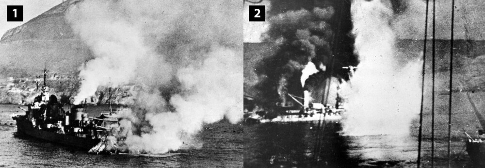 OPERATION CATAPULT: 1: Mannskapet på Destroyeren Mogador kjører skipet på land etter en fulltreffer. 2: Krigsskipet Bretagne eksploderer. 1297 franske seilere blir drept i angrepet. OPERATION CATAPULT: 1: Mannskapet på Destroyeren Mogador kjører skipet på land etter en fulltreffer. 2: Krigsskipet Bretagne eksploderer. 1297 franske seilere blir drept i angrepet.