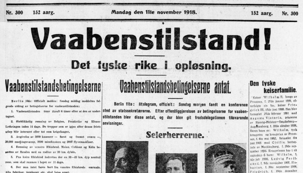 Adressavisen, da Trondhjems Adresseavis, mandag 11.november 1918. (Bildet er redigert ved at rubrikkannonsene i toppen er fjernet) Adressavisen, da Trondhjems Adresseavis, mandag 11.november 1918. (Bildet er redigert ved at rubrikkannonsene i toppen er fjernet)