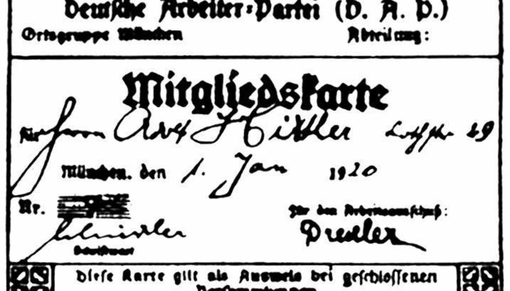 Adolf Hitlers medlemskort i DAP. Adolf Hitlers medlemskort i DAP.