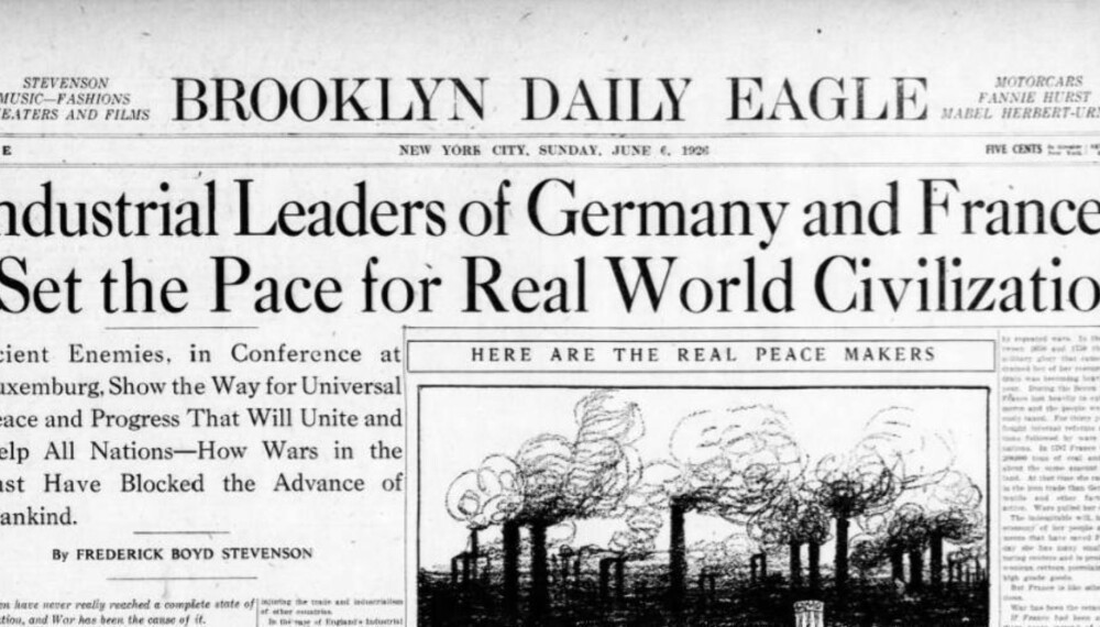I 1926 rår det optimisme i Europa, også for en fredelig løsning med industriell vekst. Slik som her rapportert i avisen Brooklyn Daily Eagle. I 1926 rår det optimisme i Europa, også for en fredelig løsning med industriell vekst. Slik som her rapportert i avisen Brooklyn Daily Eagle.