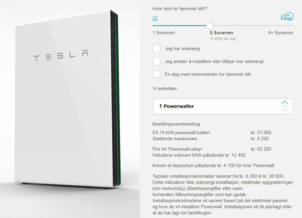 SVINDYRT: Et hjemmebatteri fra Tesla på 14 kWt koster i dag over 60.000 kroner. I tillegg kommer installasjonskostnadene. SVINDYRT: Et hjemmebatteri fra Tesla på 14 kWt koster i dag over 60.000 kroner. I tillegg kommer installasjonskostnadene.