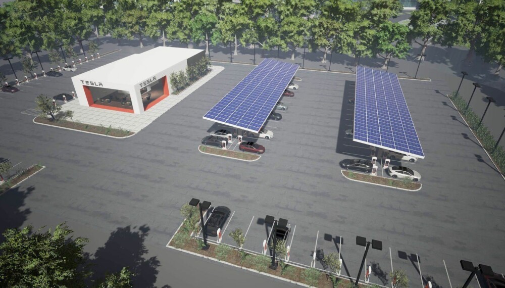 SLIK SKAL DET BLI: Dette er en av flere konsepttegningen fra Tesla som viser omtrent hvordan de nye stasjonene skal bli. SLIK SKAL DET BLI: Dette er en av flere konsepttegningen fra Tesla som viser omtrent hvordan de nye stasjonene skal bli.