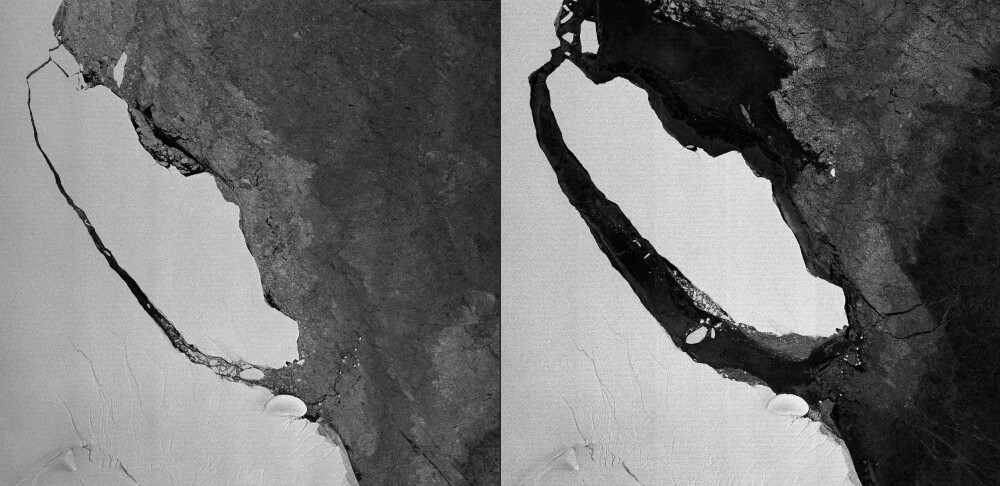 ET AV VERDENS STØRSTE ISFJELL: Disse to satellittbildene, tatt 1. august og 27. september 2017, viser isfjellet A-68 som river seg løs fra isbremmen Larsen C i Antarktis. Isflaket er godt over 5000 kvadratkilometer stort, på størrelse med Akershus fylke. ET AV VERDENS STØRSTE ISFJELL: Disse to satellittbildene, tatt 1. august og 27. september 2017, viser isfjellet A-68 som river seg løs fra isbremmen Larsen C i Antarktis. Isflaket er godt over 5000 kvadratkilometer stort, på størrelse med Akershus fylke.