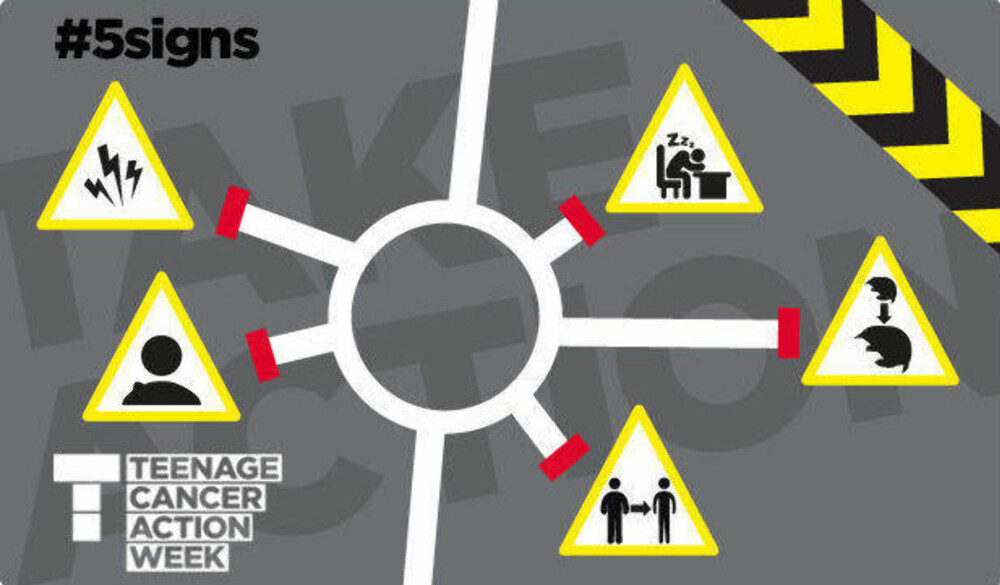 DE FEM VIKTIGSTE FARESIGNALENE: Av de elleve tegnene på kreft, visualiserer Teenage Cancer Trust de fem viktigste signalene på denne måten. Les mer her (pdf). DE FEM VIKTIGSTE FARESIGNALENE: Av de elleve tegnene på kreft, visualiserer Teenage Cancer Trust de fem viktigste signalene på denne måten. Les mer her (pdf).