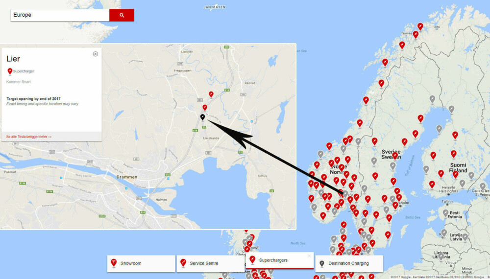 PÅ VEI UT AV HOVEDSTADEN: En tredje superlader skal bygges i Lier. Overfor Side3 bekrefter Tesla at informasjonen i ladekartet er korrekt, og at den nye stasjonen altså er planlagt ferdig i løpet 2017. PÅ VEI UT AV HOVEDSTADEN: En tredje superlader skal bygges i Lier. Overfor Side3 bekrefter Tesla at informasjonen i ladekartet er korrekt, og at den nye stasjonen altså er planlagt ferdig i løpet 2017.