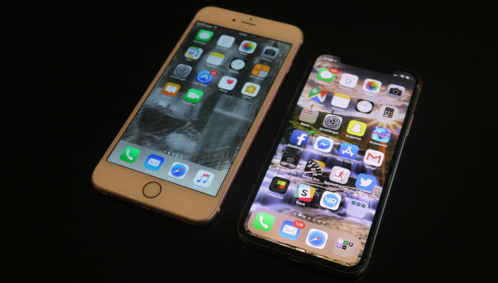 Her er iPhone X ved siden av en Plus-utgave. Skjermen er høyere og litt smalere. Her er iPhone X ved siden av en Plus-utgave. Skjermen er høyere og litt smalere.