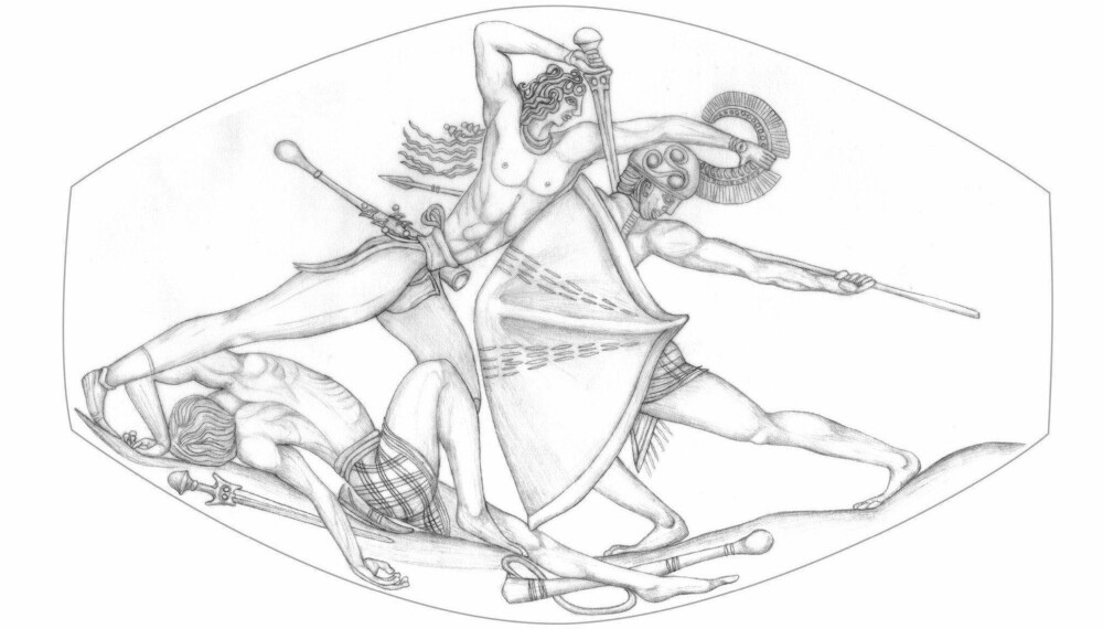 En illustrasjon av «Pylos bekjemper Agate» viser de detaljerte inngraveringen på den 3500 år gamle edelstenen. En illustrasjon av «Pylos bekjemper Agate» viser de detaljerte inngraveringen på den 3500 år gamle edelstenen.