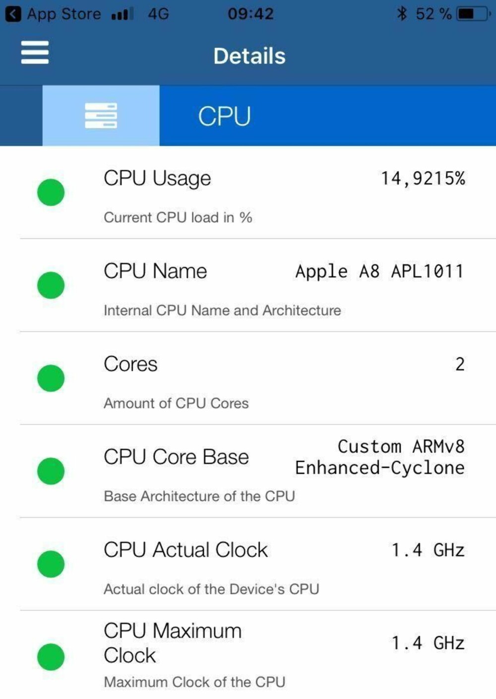 SLIK DET SKAL VÆRE: På vår testmobil iPhone 6 viser «CPU Actual Clock» samme frekvens som «CPU Maximum Clock» og antyder at ytelsene på mobilen ikke blir redusert. SLIK DET SKAL VÆRE: På vår testmobil iPhone 6 viser «CPU Actual Clock» samme frekvens som «CPU Maximum Clock» og antyder at ytelsene på mobilen ikke blir redusert.