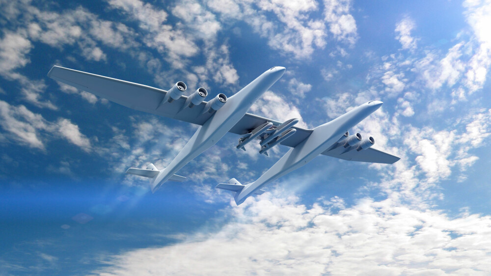 UTSKYTINGSPLATTFORM: Stratolaunch vil ha plass til tre mindre bæreraketter med sattelitter under vingen. UTSKYTINGSPLATTFORM: Stratolaunch vil ha plass til tre mindre bæreraketter med sattelitter under vingen.