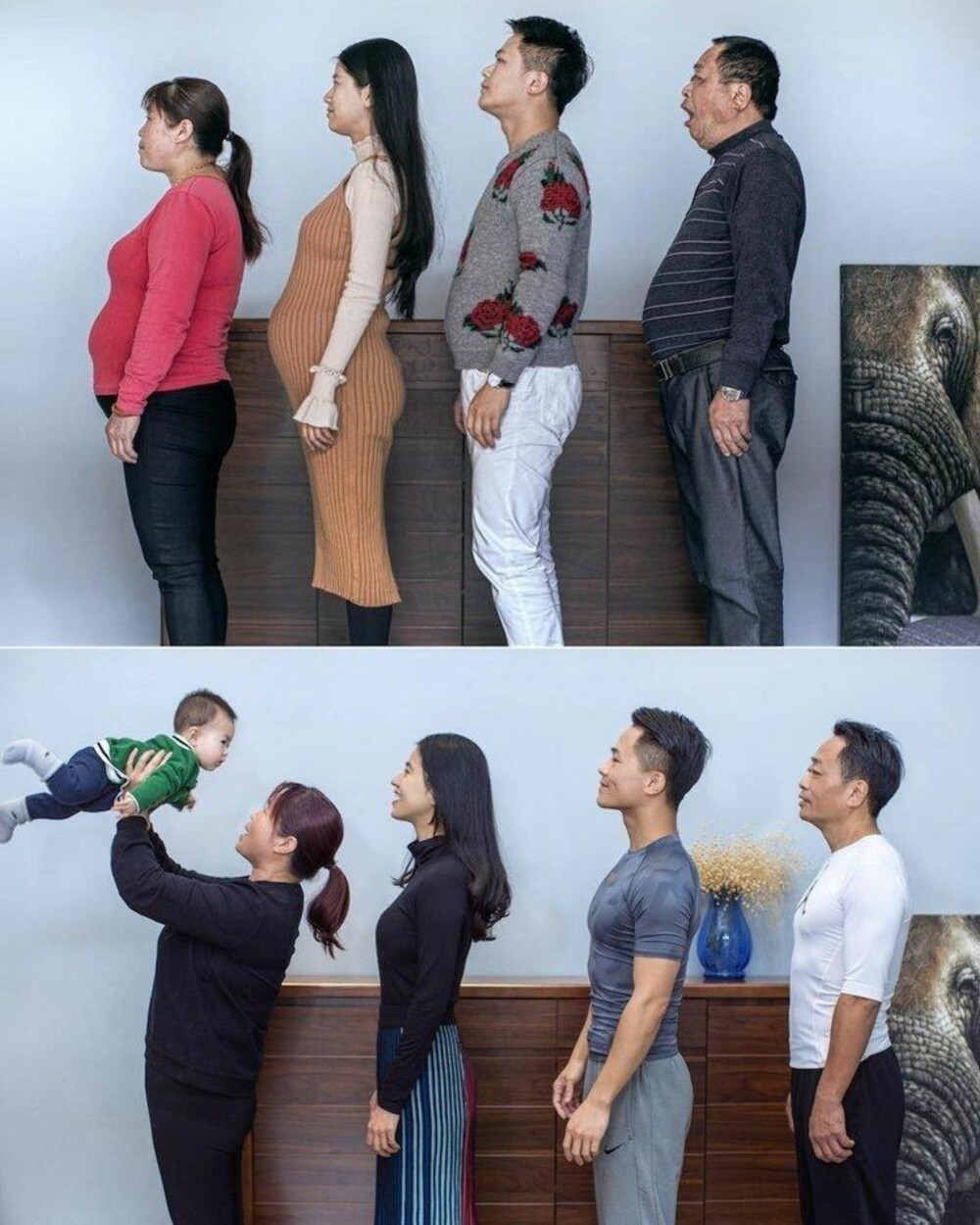 FORANDRING: Den 32 år gamle kinesiske fotografen Ding Guoliang (nummer to til høyre) ville hjelpe faren i bedre form. Det endte i en livsstilsendring for hele familien. De to bildene skal være tatt med seks måneders mellomrom. FORANDRING: Den 32 år gamle kinesiske fotografen Ding Guoliang (nummer to til høyre) ville hjelpe faren i bedre form. Det endte i en livsstilsendring for hele familien. De to bildene skal være tatt med seks måneders mellomrom.