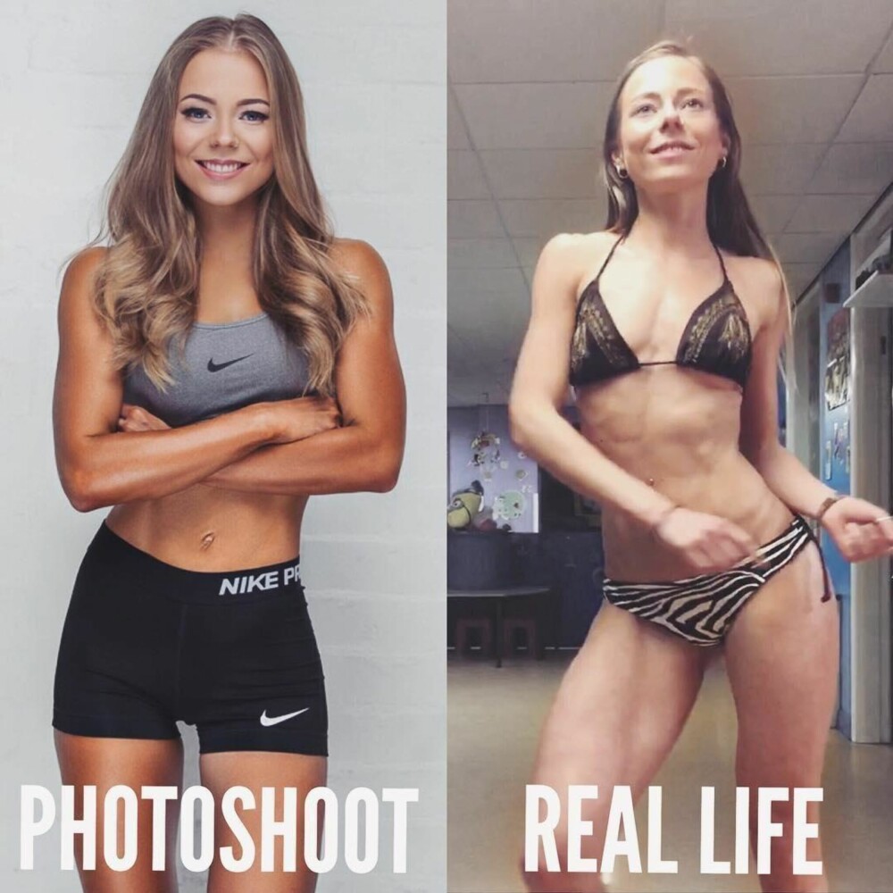UOPPNÅELIG IDEAL: Personlig trener Anna Rhodes forteller at fitnessbilder på ingen som helst måte viser hvordan hardt trente modeller ser ut i virkeligheten, eller effektene av å ha så lite kroppsfett. Hun omtaler det som spiseforstyrrelse skjult som fitness. UOPPNÅELIG IDEAL: Personlig trener Anna Rhodes forteller at fitnessbilder på ingen som helst måte viser hvordan hardt trente modeller ser ut i virkeligheten, eller effektene av å ha så lite kroppsfett. Hun omtaler det som spiseforstyrrelse skjult som fitness.