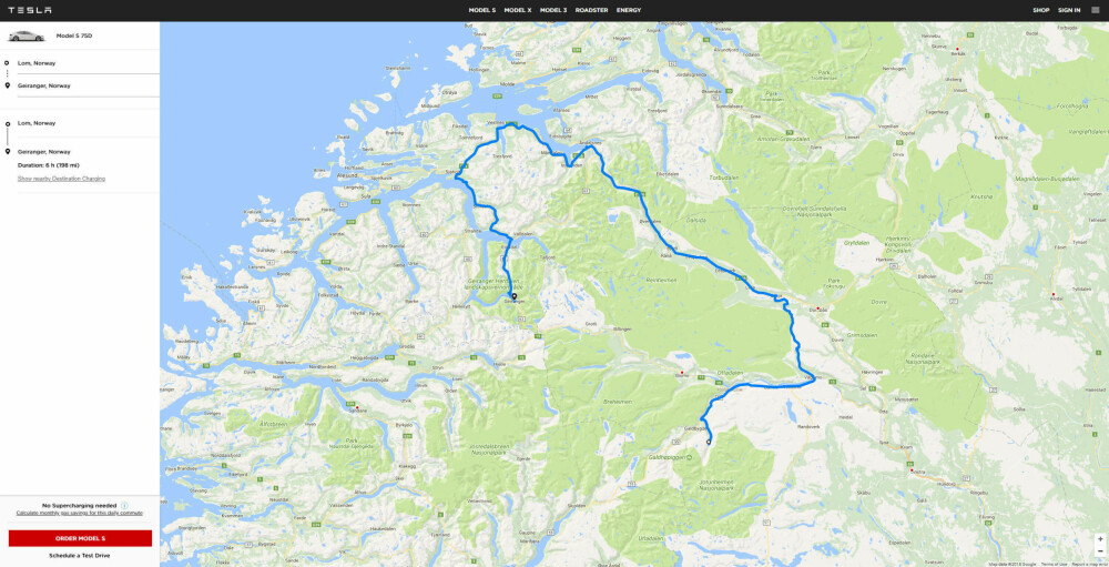 UNDERLIG RUTEVALG: Den raskeste ruta fra Lom til Geiranger går via riksvei 15, men Tesla foreslår denne nesten seks timer lange omveien. Det er ekstra snodig med tanke på at Tesla har bygget superladere i Bismo langs riksvei 15. Selv om Geirangerveien langs fylkesvei 63 er vinterstengt, er denne ruta ti mil og over én time lenger. UNDERLIG RUTEVALG: Den raskeste ruta fra Lom til Geiranger går via riksvei 15, men Tesla foreslår denne nesten seks timer lange omveien. Det er ekstra snodig med tanke på at Tesla har bygget superladere i Bismo langs riksvei 15. Selv om Geirangerveien langs fylkesvei 63 er vinterstengt, er denne ruta ti mil og over én time lenger.