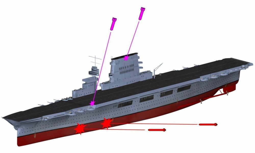 USS Lexington ble truffet av to torpedoer og to bomber før det sank i slaget om Korallhavet. USS Lexington ble truffet av to torpedoer og to bomber før det sank i slaget om Korallhavet.