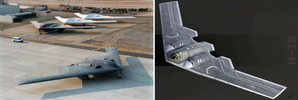 <b>STRATEGISK BOMBEFLY H-20:</b> Illustrasjonen til høyre er hvordan designeren Bai Wei ser for seg at Kinas nye bombefly H-20 kan se ut. Designet minner unektelig om USA B-2 Spirit (til venstre) og det kommende B-21. <b>STRATEGISK BOMBEFLY H-20:</b> Illustrasjonen til høyre er hvordan designeren Bai Wei ser for seg at Kinas nye bombefly H-20 kan se ut. Designet minner unektelig om USA B-2 Spirit (til venstre) og det kommende B-21.