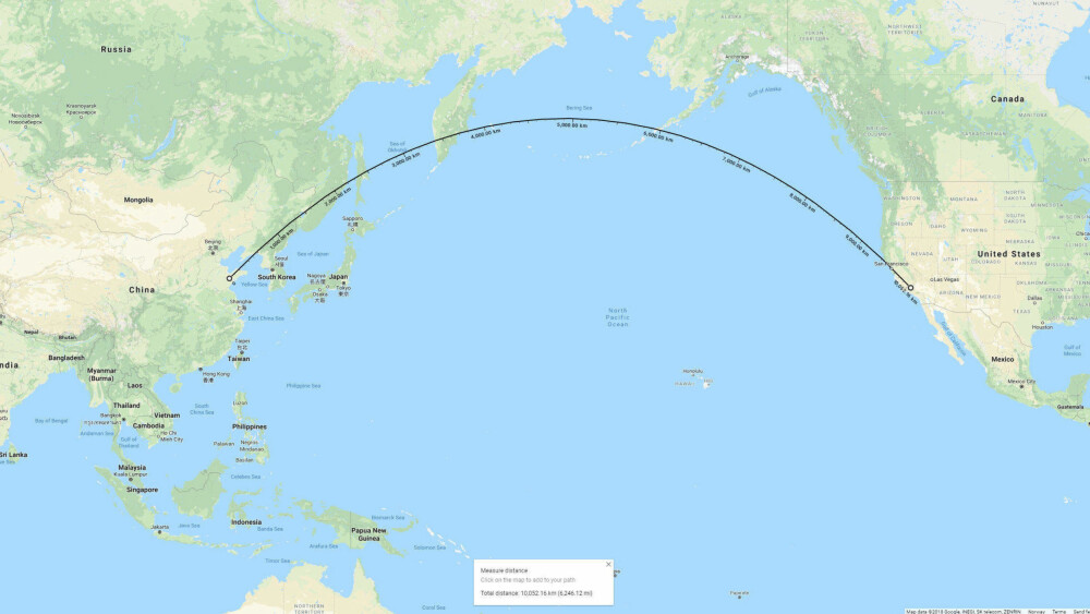 INNENFOR REKKEVIDDE: Det er 10.000 km fra Kina til USAs vestkyst. INNENFOR REKKEVIDDE: Det er 10.000 km fra Kina til USAs vestkyst.
