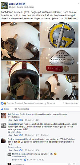 RASK RESPONS: Ut fra bildene som Enoksen la ut på Facebook-forumet Information Alfa ble hjelmen raskt identifisert. RASK RESPONS: Ut fra bildene som Enoksen la ut på Facebook-forumet Information Alfa ble hjelmen raskt identifisert.