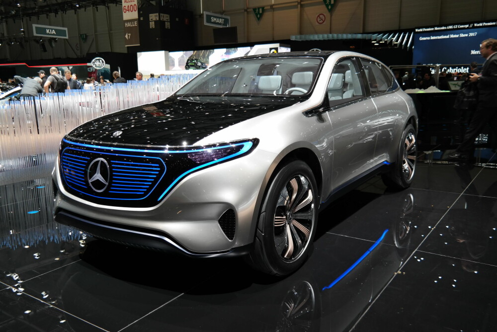 MERCEDES EQ: Mercedes' elbiler samles i merket EQ. Først ut er den elektriske SUV-en EQC, på størrelse med GLC. Her blir konseptmodellen vist fram på bilmessen i Geneve i 2017. MERCEDES EQ: Mercedes' elbiler samles i merket EQ. Først ut er den elektriske SUV-en EQC, på størrelse med GLC. Her blir konseptmodellen vist fram på bilmessen i Geneve i 2017.
