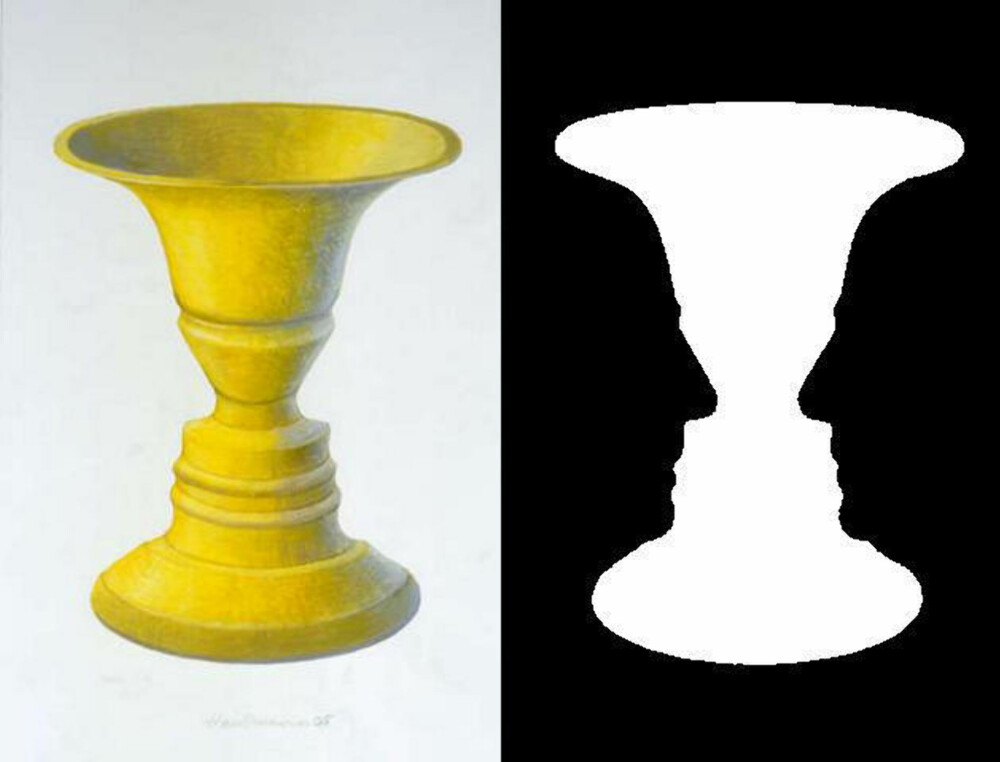 OPTISK: Et eksempel på «Rubins vase» hvor to ansikter sett i profil også danner en vase. OPTISK: Et eksempel på «Rubins vase» hvor to ansikter sett i profil også danner en vase.