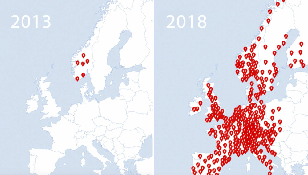 <b>INGEN MATCHER TESLA: </b>Disse to bildene illustrerer veldig godt hva som har skjedd etter at Tesla begynte å satse for fullt. I dag er det 500 hurtigladeplasser i Norge – og over 400 hurtigladestasjoner fordelt over hele Europa. Det er det ingen andre som kan matche. <b>INGEN MATCHER TESLA: </b>Disse to bildene illustrerer veldig godt hva som har skjedd etter at Tesla begynte å satse for fullt. I dag er det 500 hurtigladeplasser i Norge – og over 400 hurtigladestasjoner fordelt over hele Europa. Det er det ingen andre som kan matche.
