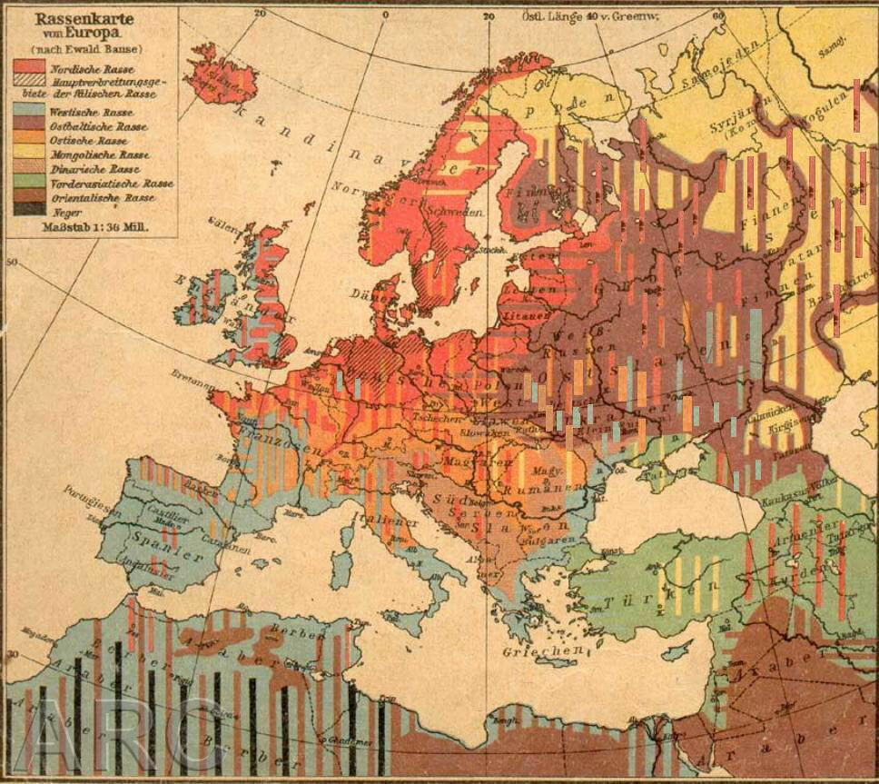 <b>RASER I EUROPA:</b> Den tyske raseideologen Hans Günthers rasekart for Europa fra 1922, viser hvor han mente den nordiske rasen holdt til (rødt). <b>RASER I EUROPA:</b> Den tyske raseideologen Hans Günthers rasekart for Europa fra 1922, viser hvor han mente den nordiske rasen holdt til (rødt).