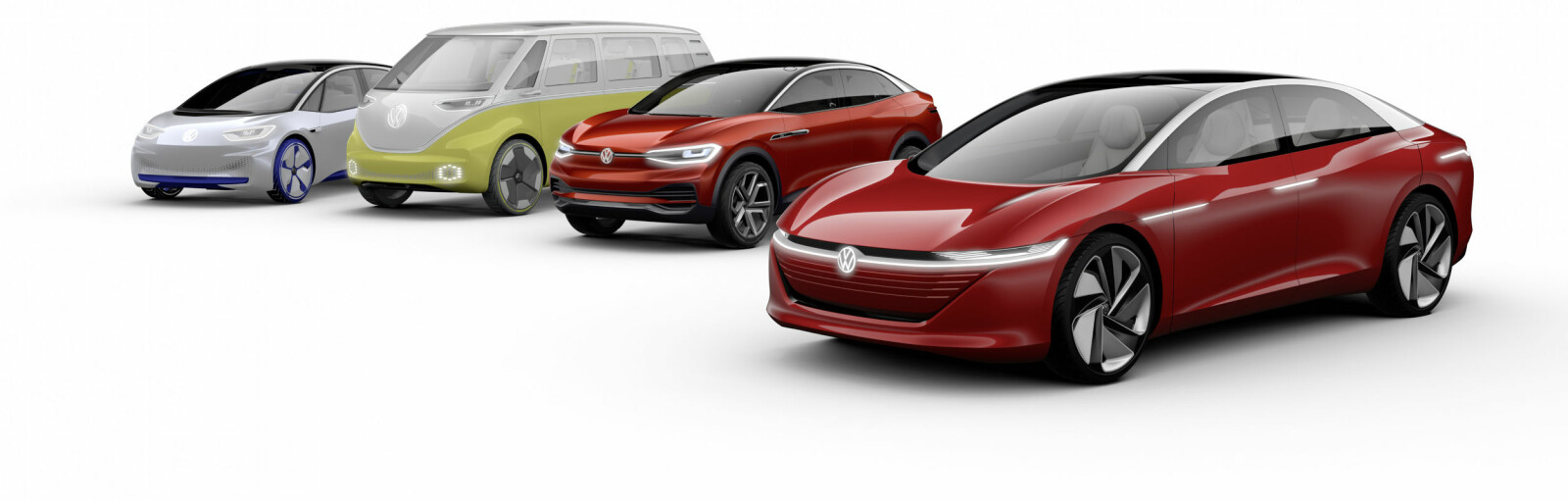<b>KOMMENDE ELBILER:</b> Her er alle elbilene Volkswagen har annonsert så langt. Fra venstre: ID Neo, ID Buzz, ID Cross og ID Vizzion. <b>KOMMENDE ELBILER:</b> Her er alle elbilene Volkswagen har annonsert så langt. Fra venstre: ID Neo, ID Buzz, ID Cross og ID Vizzion.