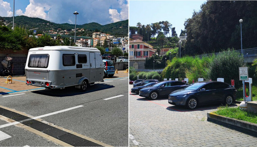 Noen ganger må campingvognen parkeres separat, da det ikke er plass til den på ladestasjonen, som her i Varazze. Foto: Privat. Noen ganger må campingvognen parkeres separat, da det ikke er plass til den på ladestasjonen, som her i Varazze. Foto: Privat.