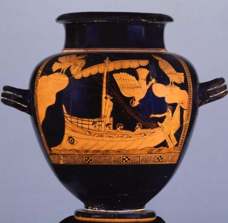 Sirene-vasen viser Odyssevs fastbundet på et gresk handelsskip av en lignende type som nå er funnet utenfor kysten av Romania. Foto: British Museum Sirene-vasen viser Odyssevs fastbundet på et gresk handelsskip av en lignende type som nå er funnet utenfor kysten av Romania. Foto: British Museum