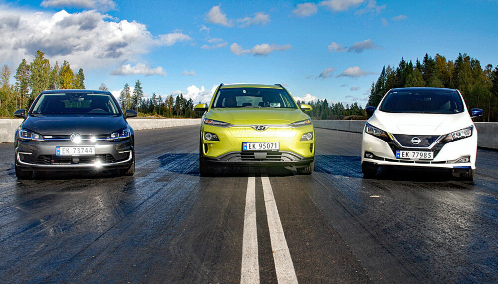 Tre populære elbiler i test, (f.v.) VW e-Golf, Hyundai Kona og Nissan Leaf. Tre populære elbiler i test, (f.v.) VW e-Golf, Hyundai Kona og Nissan Leaf.