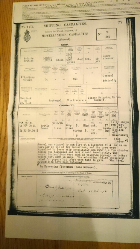 <b>KNAPP RAPPORT</b>: Admiralitets forlisrapport er knapp og gir ingen forklaring på hvorfor U 46 ikke assisterte de to livbåtene, som til sammen hadde 34 mann om bord. Dagen etter, 10. oktober 1916, bragte ubåten hele mannskapet på den senkede britiske damperen Iolo inn til Vardø da livbåtene ble knust. <b>KNAPP RAPPORT</b>: Admiralitets forlisrapport er knapp og gir ingen forklaring på hvorfor U 46 ikke assisterte de to livbåtene, som til sammen hadde 34 mann om bord. Dagen etter, 10. oktober 1916, bragte ubåten hele mannskapet på den senkede britiske damperen Iolo inn til Vardø da livbåtene ble knust.