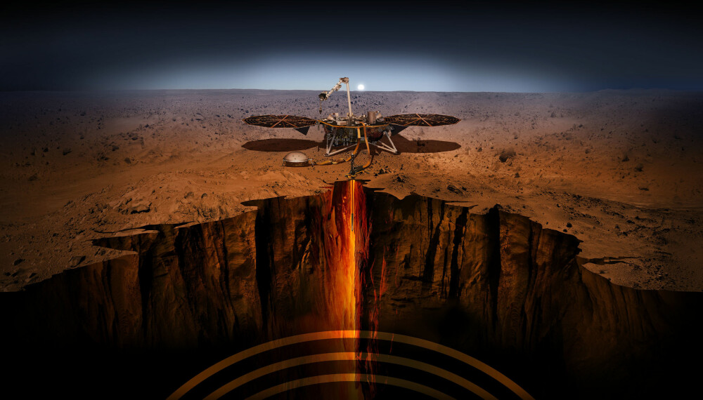 <b>INSIGHT: </b>Med denne skissen illustrerer NASA hvordan romsonden InSight skal drille seg fem meter ned i bakken på Mars. <b>INSIGHT: </b>Med denne skissen illustrerer NASA hvordan romsonden InSight skal drille seg fem meter ned i bakken på Mars.