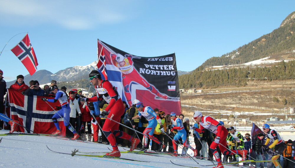 STØTTE: Heiagjengen pisker Petter opp den lengste brattbakken i Val di Fiemme STØTTE: Heiagjengen pisker Petter opp den lengste brattbakken i Val di Fiemme