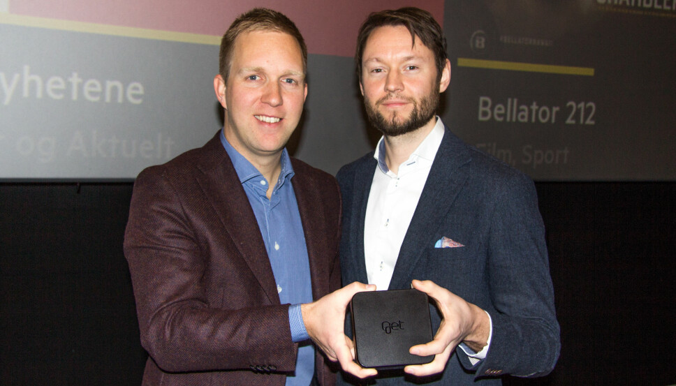 <b>NY GET BOX:</b> Torbjørn Aamodt og Espen Åtland (th) i Get lanserte i dag ny TV-boks, nytt brukergrensesnitt og nye strømmetjenester. <b>NY GET BOX:</b> Torbjørn Aamodt og Espen Åtland (th) i Get lanserte i dag ny TV-boks, nytt brukergrensesnitt og nye strømmetjenester.