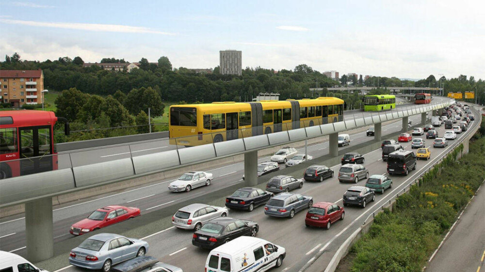 Hvor mye bedre plass hadde det vært på veien i rushtiden om et stort antall av bilene ble byttet ut med tohjulinger? I stedet ser Ruter for seg muligheten til å bygge opphøyde bussveier. Hvor mye bedre plass hadde det vært på veien i rushtiden om et stort antall av bilene ble byttet ut med tohjulinger? I stedet ser Ruter for seg muligheten til å bygge opphøyde bussveier.