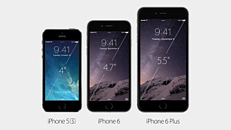 FRA S TIL PLUSS: Her ser du dagens iPhone 5S (t.v.) sammen med iPhone 6 og iPhone 6 Plus. FRA S TIL PLUSS: Her ser du dagens iPhone 5S (t.v.) sammen med iPhone 6 og iPhone 6 Plus.