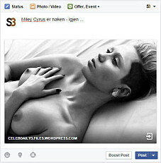 DÅRLIG IDE: Dette bildet kunne vi ikke publisert på Facebook uten at Facebook hadde slått ned på det. Med mindre Miley Cyrus samtidig hadde ammet et barn. Eller operert bort et bryst. DÅRLIG IDE: Dette bildet kunne vi ikke publisert på Facebook uten at Facebook hadde slått ned på det. Med mindre Miley Cyrus samtidig hadde ammet et barn. Eller operert bort et bryst.