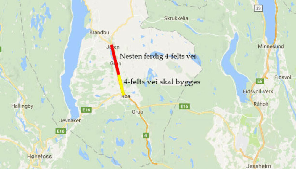 På Hadeland bygges det noen kilometers bokstavelig talt på et jorde langt unna annen høykapasitetsvei. På Hadeland bygges det noen kilometers bokstavelig talt på et jorde langt unna annen høykapasitetsvei.