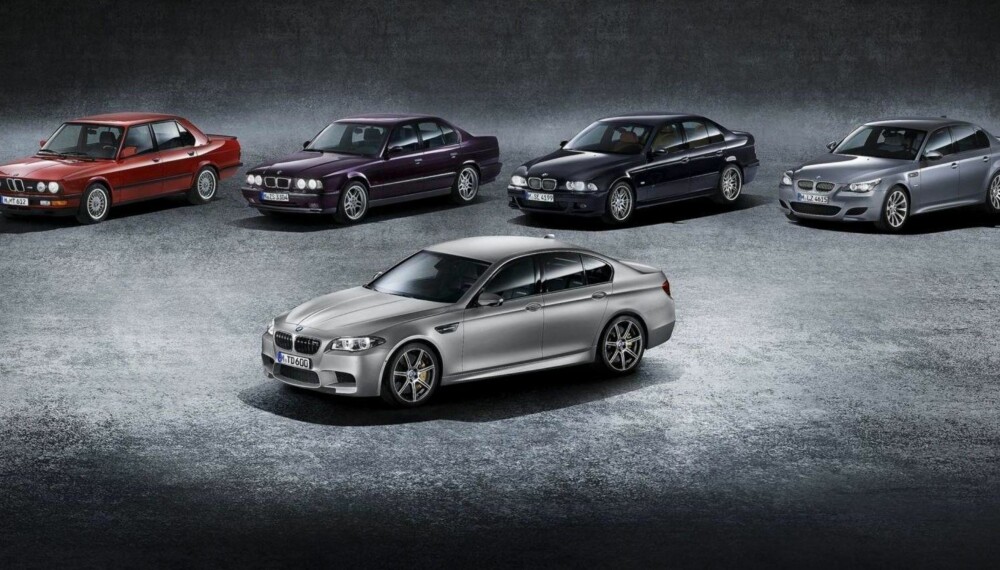 Her er de foregående fem generasjonene av BMW M5. Med unntak av første generasjon, ligger det stort sett eksemplarer av hver generasjon på bruktmarkedet til enhver tid. Her er de foregående fem generasjonene av BMW M5. Med unntak av første generasjon, ligger det stort sett eksemplarer av hver generasjon på bruktmarkedet til enhver tid.