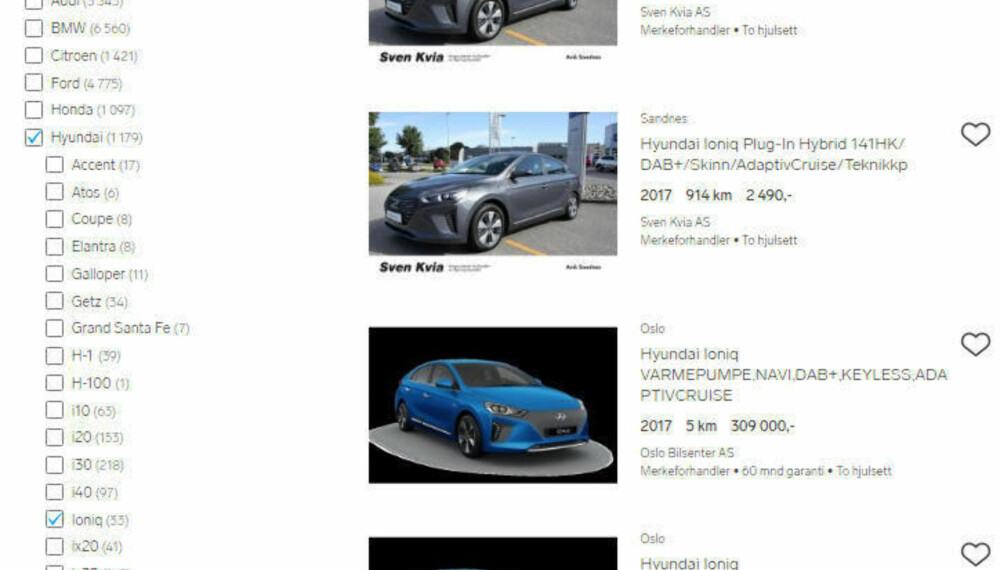 Dette er noen av Ioniq-modellene som nå ligger ute på Finn til langt over listepris (de to øverste er ladbare hybrider, mens de under er lagerklare elbiler). Dette er noen av Ioniq-modellene som nå ligger ute på Finn til langt over listepris (de to øverste er ladbare hybrider, mens de under er lagerklare elbiler).